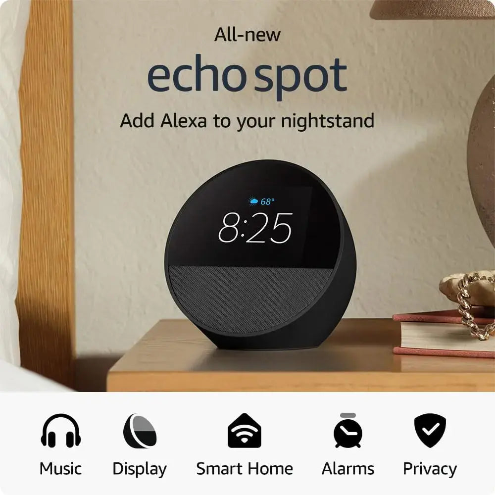 Amazon Echo Spot Smart alarm clock with vibrant sound and Alexa - Black - Demo Deals