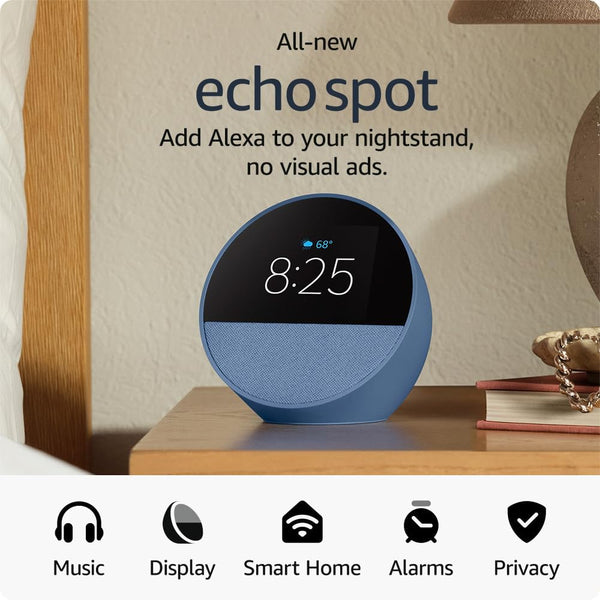 Amazon Echo Spot Smart alarm clock with vibrant sound + Alexa (2024)