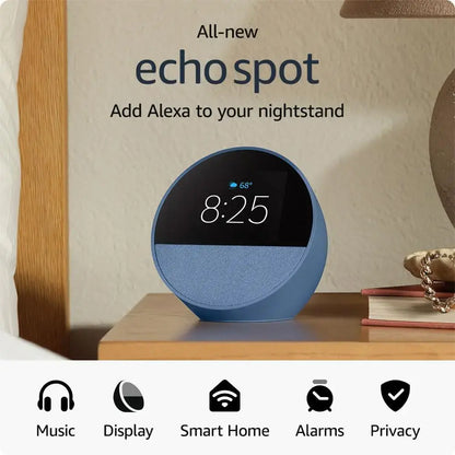 Amazon Echo Spot Smart alarm clock with vibrant sound and Alexa - Ocean Blue