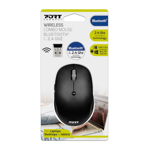 Port Wireless Combo Bluetooth Mouse and 2.4 GHZ - Black - Evogames