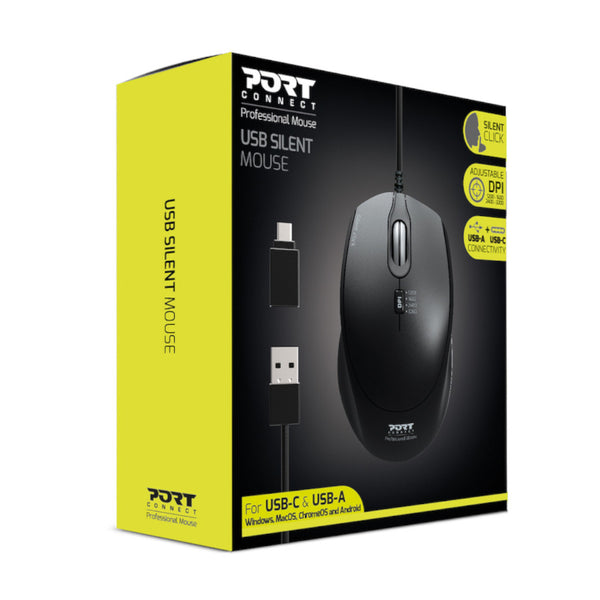 Port Connect Wired USB|Type-C 3600DPI Mouse - Black - Evogames