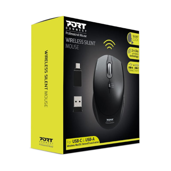 Port Wireless Silent 3600DPI 3 Button USB and Type-C Dongle Mouse - Black - Evogames