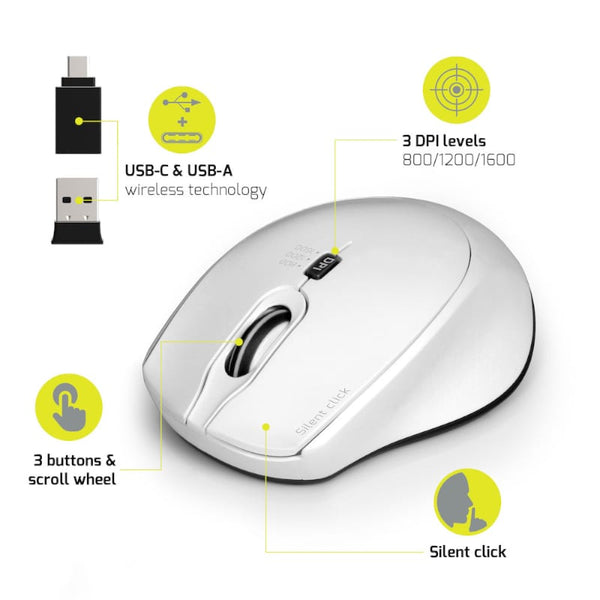 Port Wireless Silent 3600DPI 3 Button USB and Type-C Dongle Mouse - White - Evogames