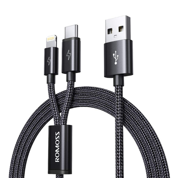 Romoss USB A to Lightning and Type C 1.5m cable Space Grey Nylon Braided Cable - Evogames