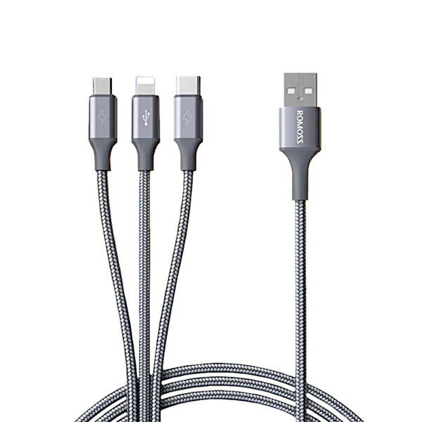 Romoss 3in1 Lightning Charge Sync|Micro USB |Type C to USB 1m Cable - Space Grey - Evogames