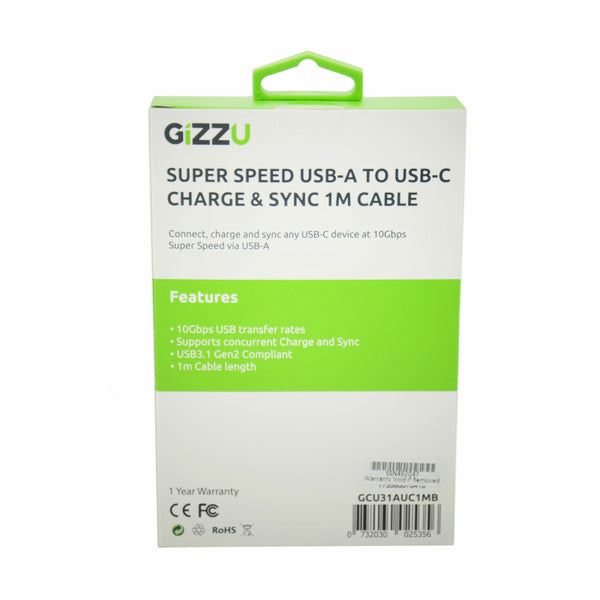 GIZZU USB3.1 A to USB-C 1m Cable Black - Evogames