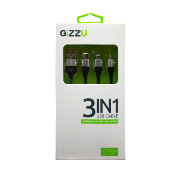 GIZZU 3in1 USB to Micro USB/Type-C/Lightning 1.2m Cable - Black - Evogames